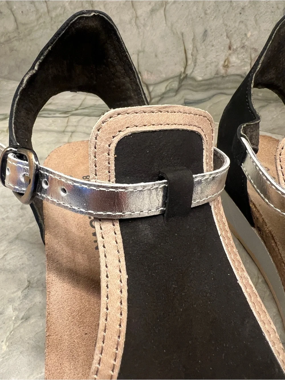 Naot Black Sandals with Beige Trim and Metallic Buckle